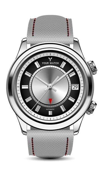 現実的な時計の時計の時計のシルバーブラックグレーの矢印男性ベクトルのための隔離されたデザインの近代的な贅沢上の白いファブリックストラップ — ストックベクタ