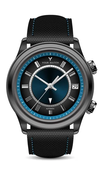 现实的钟表黑色蓝钢灰色箭头 白色设计上有面料带子 男用矢量现代奢侈品 — 图库矢量图片