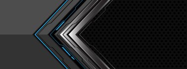 Soyut gümüş ok siber yönü geometrik üzerinde beyaz mavi ışık üzerinde koyu gri daire ağ boş uzay tasarımı modern teknoloji fütüristik arkaplan vektörü