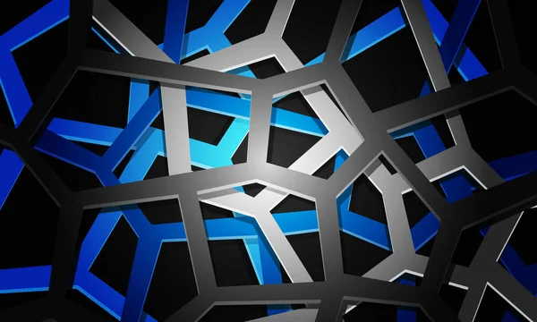Abstrait Bleu Gris Ligne Maille Géométrique Chevauchement Sur Noir Design — Image vectorielle