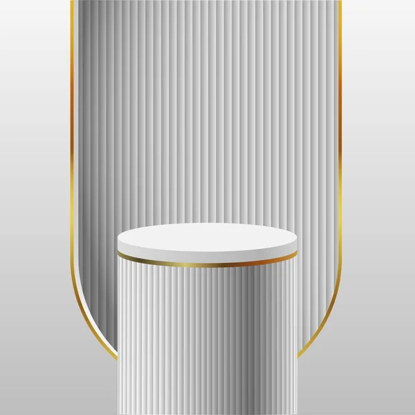 Realistic White Golden Cylinder Pedestal Podium Black Corrugated Window Arch — Stock Vector
