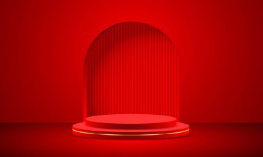 Gerçekçi kırmızı 3D silindir kaide podyumu, pencere kemeri şeklindeki vektör ekranında siyah kıvrımlı.