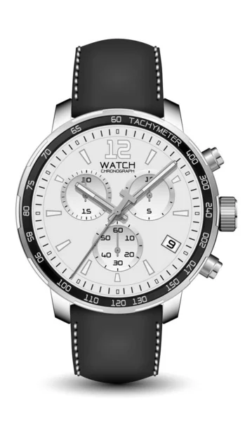 Montre Réaliste Horloge Chronographe Argent Bracelet Cuir Noir Sur Blanc — Image vectorielle