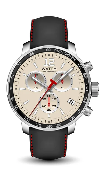 Montre Réaliste Horloge Chronographe Argent Bracelet Cuir Noir Flèche Rouge — Image vectorielle