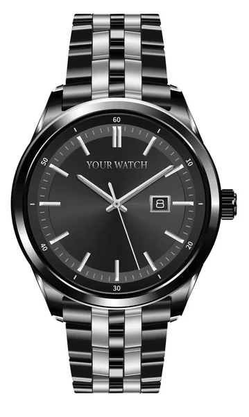 Realistic Watch Clock Chronograph Silver Steel Black Design Luxury Fashion — Stock Vector