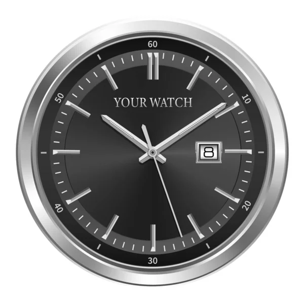 Relógio Prata Preto Realista Relógio Luxo Cronógrafo Rosto Preto Vetor — Vetor de Stock