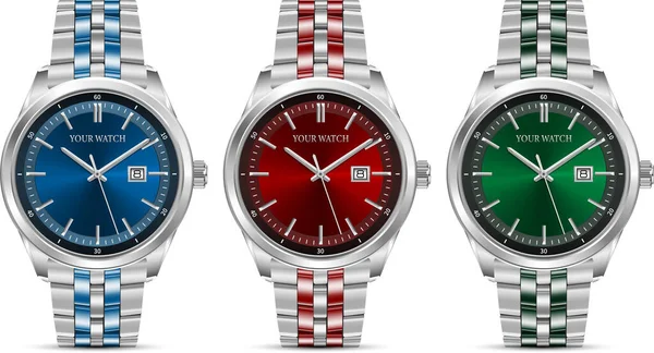 Gerçekçi Saat Kronografisi Mavi Kırmızı Yeşil Çelik Koleksiyon Tasarımı Lüks — Stok Vektör