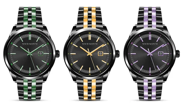 Gerçekçi Saat Kronografisi Yeşil Mor Siyah Koleksiyon Tasarımı Lüks Moda — Stok Vektör