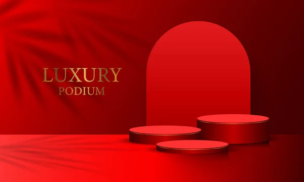 Ρεαλιστικός Κόκκινος Κύλινδρος Δωμάτιο Βάθρο Σύνολο Podium Σκιά Φύλλο Παλάμης — Διανυσματικό Αρχείο