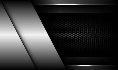 Koyu gri metalik altıgen örgü üzerinde soyut gümüş geometrik çakışma modern lüks fütüristik arka plan vektörü tasarımı