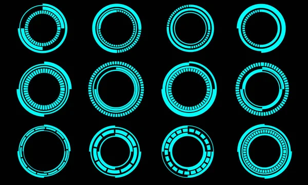 一套科幻蓝圈用户界面元素技术在黑色背景矢量上的现代创新设计 — 图库矢量图片