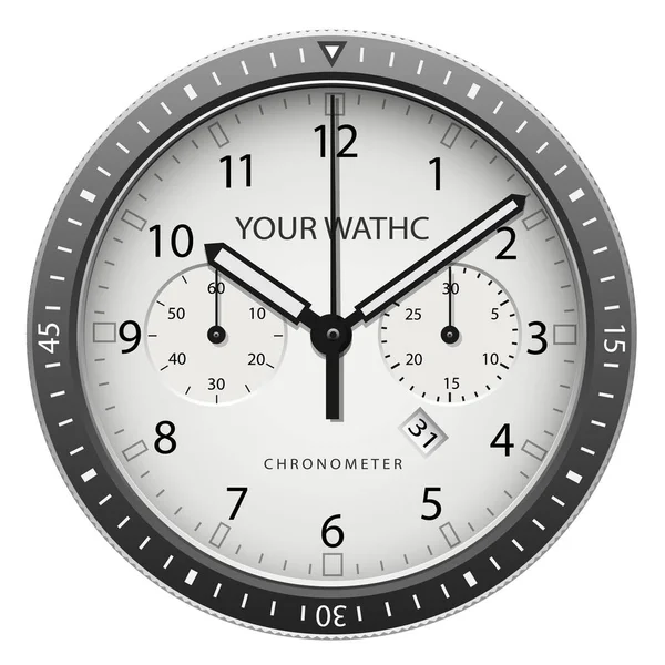 Realistische Horloge Klok Chronograaf Zilveren Gezicht Dashboard Zwart Wit Design — Stockvector