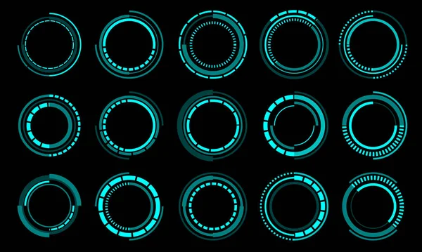 一套科幻蓝圈用户界面元素技术在黑色背景矢量上的现代创新设计 — 图库矢量图片