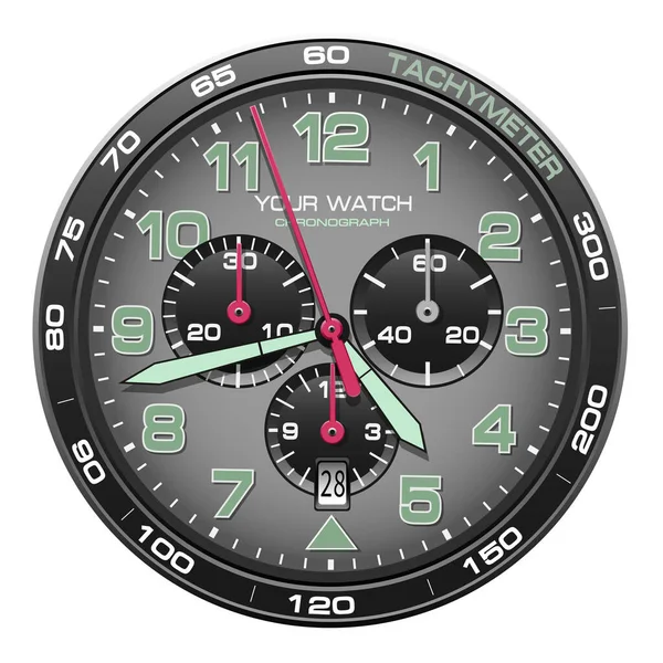 Reloj Realista Reloj Cronógrafo Tablero Gris Acero Negro Verde Número — Vector de stock