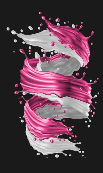 グレーバックグラウンドベクターの食品ドリンクのための現実的な3Dミルクとピンクのイチゴスパイラルミックスデザイン — ストックベクタ