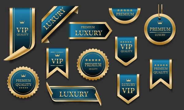 Blue Gold Luxury Premium Quality Label Badges Grey Background Vector — Stock Vector