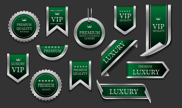 Emblemas Etiqueta Qualidade Premium Luxo Prata Verde Vetor Fundo Cinza —  Vetores de Stock