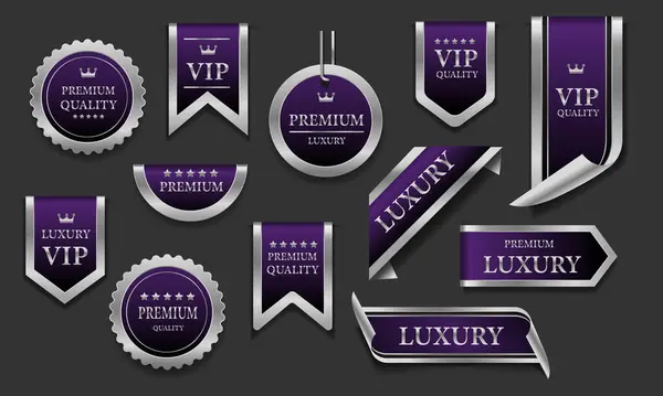 Étiquettes Luxe Luxe Luxe Argent Violet Sur Fond Gris Vecteur — Image vectorielle