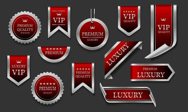 Insignes Étiquette Luxe Premium Argent Rouge Sur Fond Gris Vecteur — Image vectorielle