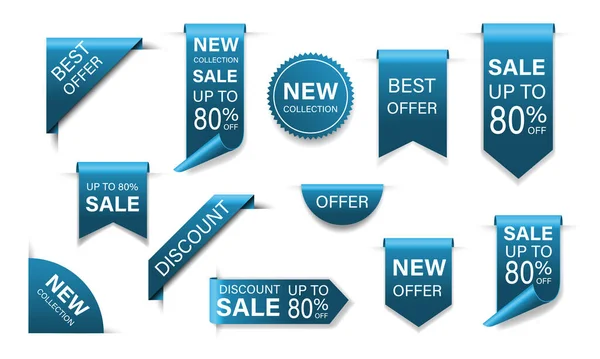 Μπλε Νέα Συλλογή Ετικέτες Πώλησης Κορδέλα Και Σήματα Λευκό Κείμενο — Διανυσματικό Αρχείο