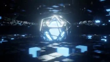 Gelecekteki teknoloji ve enerjinin 3 boyutlu animasyonu. Mavi ışığın bulanık dairesi hareket eden çelik bir çerçeve ile kaplıdır. Etrafında bir sürü siyah metal kareler vardı..