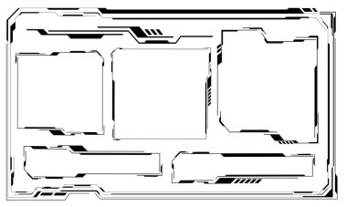 Hud çerçeve siyah kullanıcı arayüzü unsurları tasarlıyor modern teknoloji fütüristik kontrol paneli dijital sanal pencere oyun menüsü beyaz arkaplan vektöründe siber monitöre dokunuyor