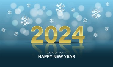 Mutlu yıllar 2024 altın numara kar beyazı. Mavi lüks tasarımda sahte bokeh bulanıklığı. Tatil festivali kutlamaları için geri sayım vektörü.