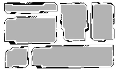 Hud çerçeve siyah kullanıcı arayüzü unsurları tasarlıyor modern teknoloji fütüristik kontrol paneli dijital sanal pencere oyun menüsü beyaz arkaplan vektöründe siber monitöre dokunuyor