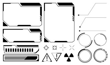 Hud çerçeve siyah kullanıcı arayüzü unsurları tasarlıyor modern teknoloji fütüristik kontrol paneli dijital sanal pencere oyun menüsü beyaz arkaplan vektöründe siber monitöre dokunuyor