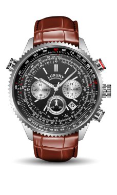 Gerçekçi saat kronografisi gümüş siyah yüz gösterge paneli kırmızı kahverengi deri kayış izole tasarım klasik lüks tasarım illüstrasyon.