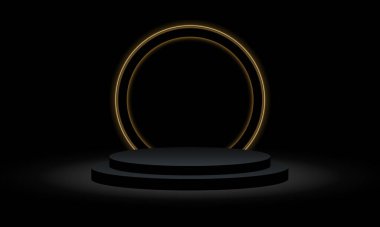 Sahne ürün tanıtım vektörü için 3B boş siyah podyum altın çember ışık tasarımı