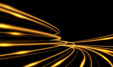 Siyah arkaplan vektöründe soyut altın ışık hızlı hız eğrisi dinamik hareket