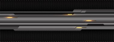 Soyut teknoloji gri metalik siyah çizgi devresi siber sarı ışık enerjisi fütüristik tarzı koyu altıgen ağ desenli modern yaratıcı arka plan vektörü