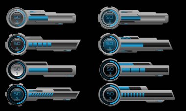 HUD modern işlem çubukları kümesi kullanıcı arayüzü elementleri tasarım teknolojisi siber mavi metalik fütüristik vektör