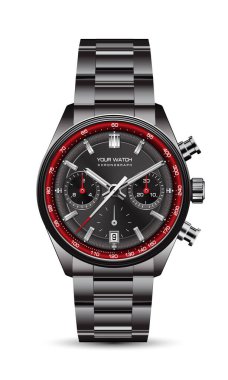 Gerçekçi siyah çelik saat, izole edilmiş arka plan vektöründeki erkekler için siyah kırmızı ok beyaz numara tanımlama klasiği kronografisi.