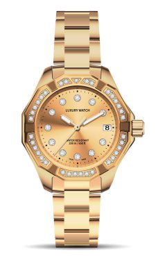 Erkekler için gerçekçi kronograf saati. Beyaz arka plandaki erkekler için bakır elmas tasarımı lüks zarafet modası.