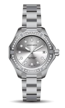 Erkekler için gerçekçi kronograf saati. Beyaz arka plandaki erkekler için gümüş elmas tasarımı lüks.