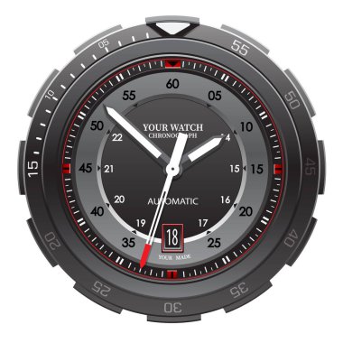 Gerçekçi saat gösterge paneli siyah çelik surat izole edilmiş kolleksiyon dizaynı klasik lüks vektör üzerindeki kırmızı çizgi