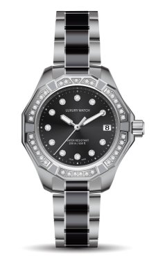 Erkekler için gerçekçi kronograf saati gümüş elmas siyah yüz kayışı beyaz arka plan vektöründeki erkekler için lüks şık tasarım.