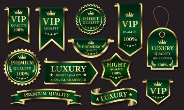 Gri arkaplan vektöründe yeşil altın rengi lüks kaliteli etiketler