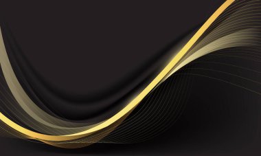 Metin yeri tasarımı için boş alanı olan soyut siyah altın ışık dalga eğrisi modern yaratıcı arkaplan vektörü