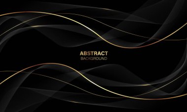 Metin yeri tasarımı için boş alanı olan soyut siyah altın ışık dalga eğrisi modern yaratıcı arkaplan vektörü