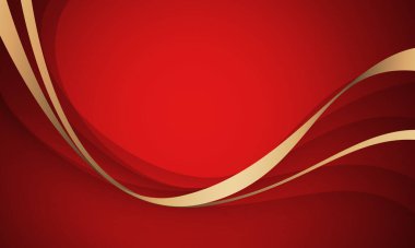 Kırmızı arkaplan vektöründe soyut kağıt kesme eğrisi dalga altın kurdelesi