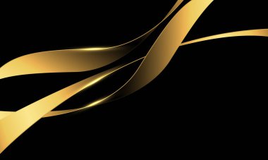 Siyah tasarım lüks arka plan vektörü üzerinde soyut altın kurdele dalga eğrisi çakışıyor