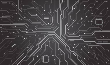 Soyut gri ses devresi teknolojisi mavi çizgileri elektronik elemanlarla birleştirdi bilgisayar ana kart işlemcisi yarı iletken dijital arkaplan vektörü