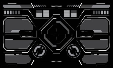 HUD bilim kurgu arayüzü beyaz dairesel geometrik tasarım siyah vektör illüstrasyonunda yaratıcı teknoloji görüntüsü.