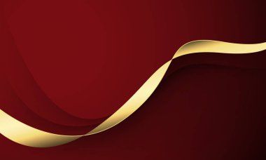Kırmızı kumaş dalga dizaynı üzerinde soyut altın çizgili kurdele eğrisi modern lüks arka plan çizimi.
