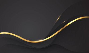 Siyah kumaş dalga dizaynı üzerinde soyut altın çizgili kurdele eğrisi modern lüks arka plan çizimi.