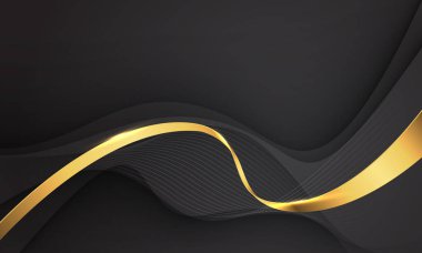 Siyah kumaş dalga dizaynı üzerinde soyut altın çizgili kurdele eğrisi modern lüks arka plan çizimi.