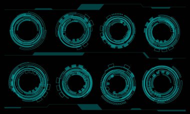 Bilim kurgu mavi daire kullanıcı arayüzü elementleri seti teknoloji fütüristik tasarım kara arkaplan vektör illüstrasyonunda modern yaratıcı.
